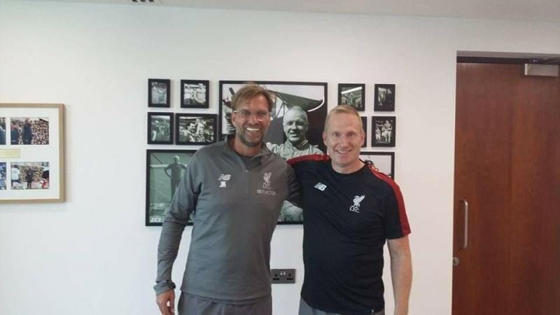 Thomas Gronnemark and Liverpool manager Jurgen Klopp at Melwood