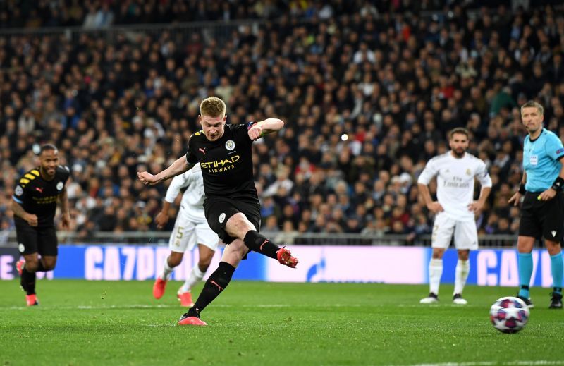 Kevin De Bruyne scores from the spot in the first leg