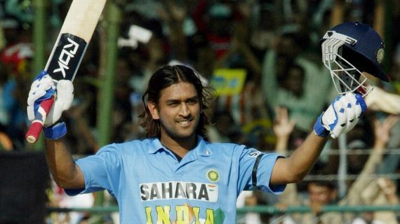 Mahendra Singh Dhoni after completing his century en route to 148 against Pakistan in 2004