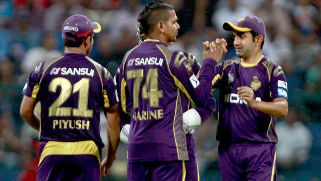 Sunil Narine celebrating after picking up a wicket.
