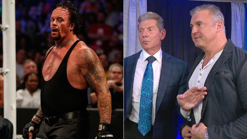 The Undertaker (left); Vince McMahon and Shane McMahon (right)