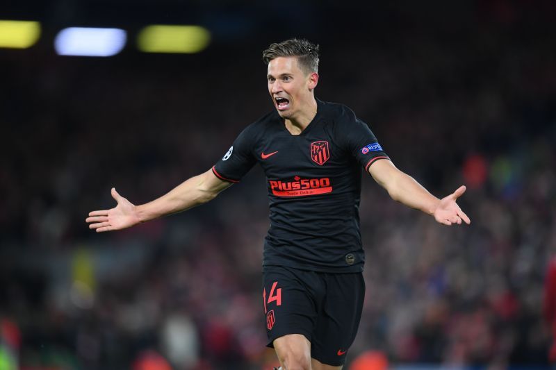 Marcos Llorente celebrates after scoring his team&#039;s second goal in the UEFA Champions League round of 16 second leg match against Liverpool