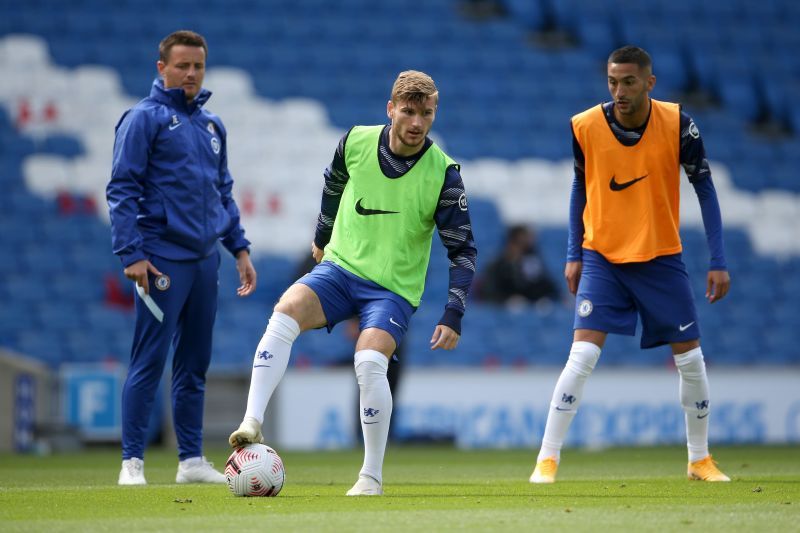 New signings Timo Werner and Hakim Ziyech warms up ahead of the pre-season friendly against Brighton