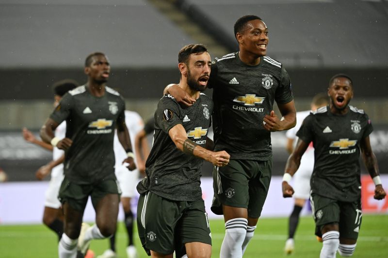 Manchester United&#039;s Bruno Fernandes celebrates after scoring in the UEFA Europa League semi-final