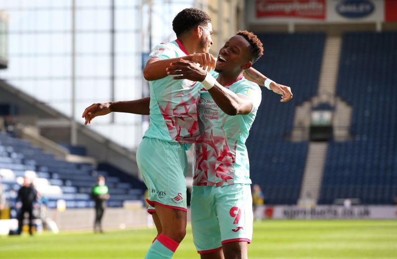 Morgan Gibbs-White (left) celebrates after scoring the winner for Swansea last weekend