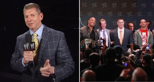 Vince McMahon posing with three of WWE's biggest Superstars