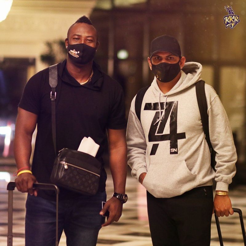 Andre Russell and Sunil Narine arrive for IPL 2020