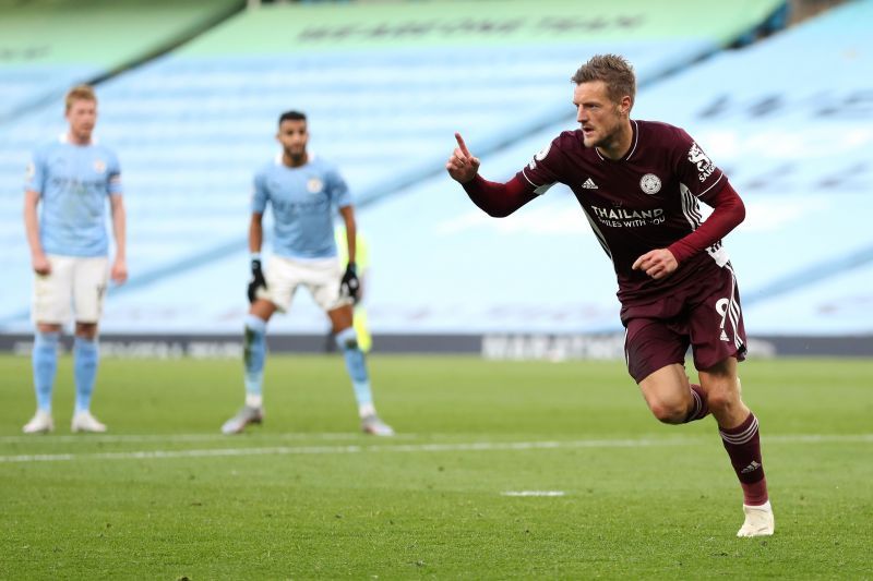 Vardy celebrates scoring his second penalty