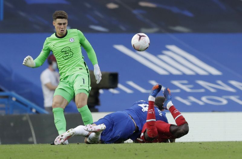 Kepa Arrizabalaga clears as Christensen bundles Mane over