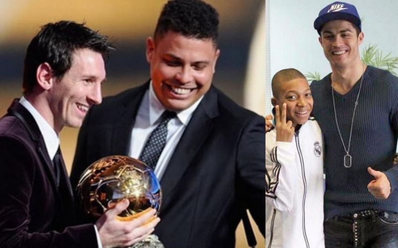 Messi with Ronaldo Nazario and a young Kylian Mbappe with Cristiano Ronaldo