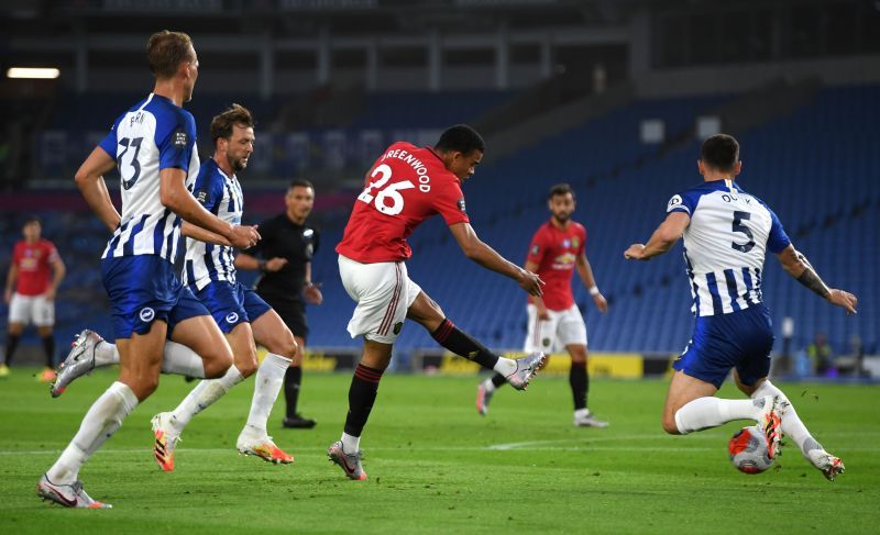 Mason Greenwood scores his team&#039;s first goal vs Brighton in the Premier League last season