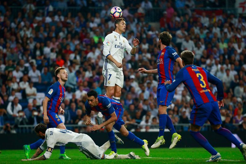Cristiano Ronaldo towers to head the ball.