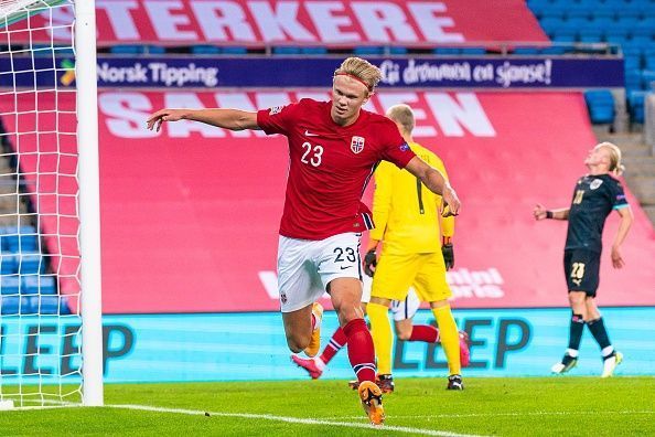 Haaland celebrates after scoring Norway's only goal against Austria