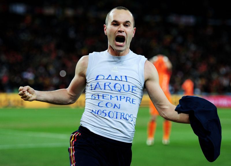 Iniesta wheels away after scoring Spain&#039;s winner in the 2010 FIFA World Cup