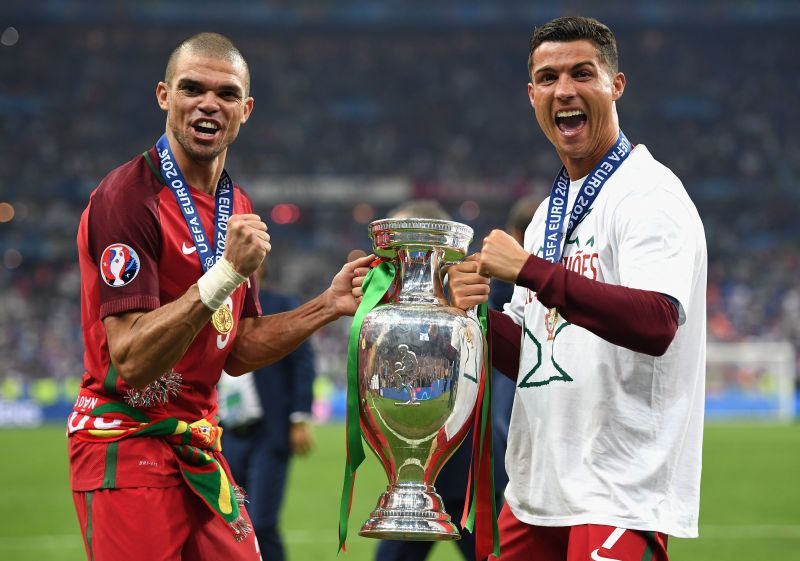 Pepe and Cristiano Ronaldo celebrate their UEFA Euro 2016 victory