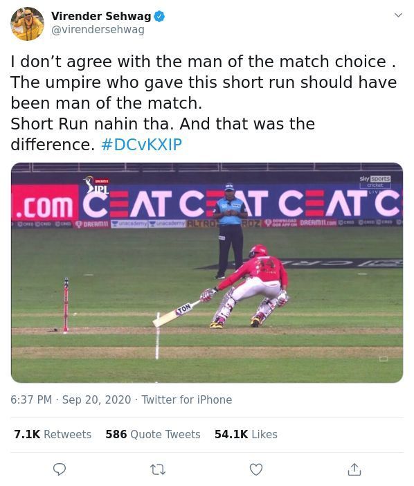 Virender Sehwag tweeted that he didn&#039;t agree with the umpire&#039;s decision during the match.