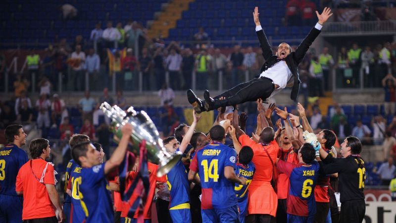 Pep Guardiola is air-borne after winning the 2008-09 Champions League.