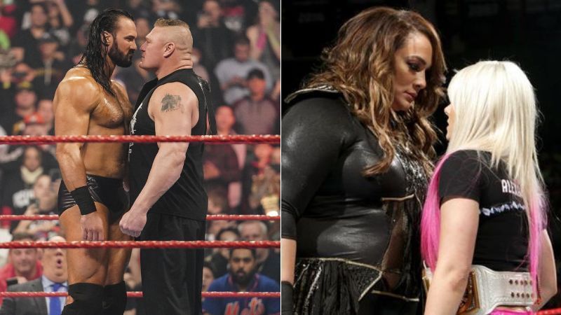 Drew McIntyre and Brock Lesnar (left); Nia Jax and Alexa Bliss (right)