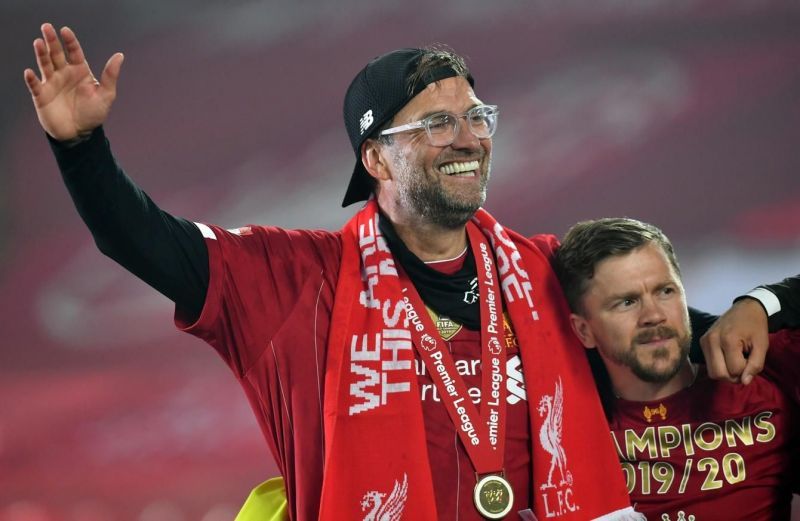 Jurgen Klopp celebrating the Premier League sans the fans.