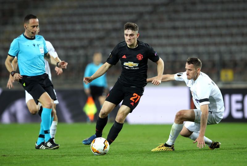 Daniel James of Manchester United is challenged by Christian Ramsebner of LASK 