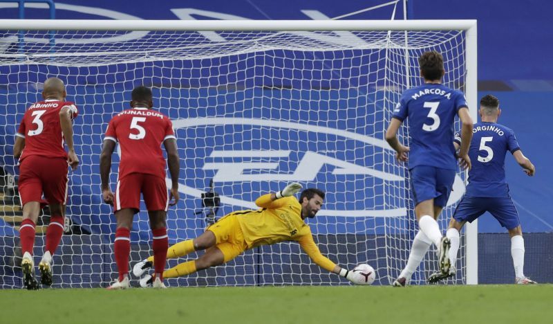 Alisson Becker saves Jorginho&#039;s penalty