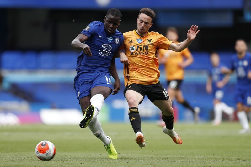 Kurt Zouma battles for possession against Wolves.