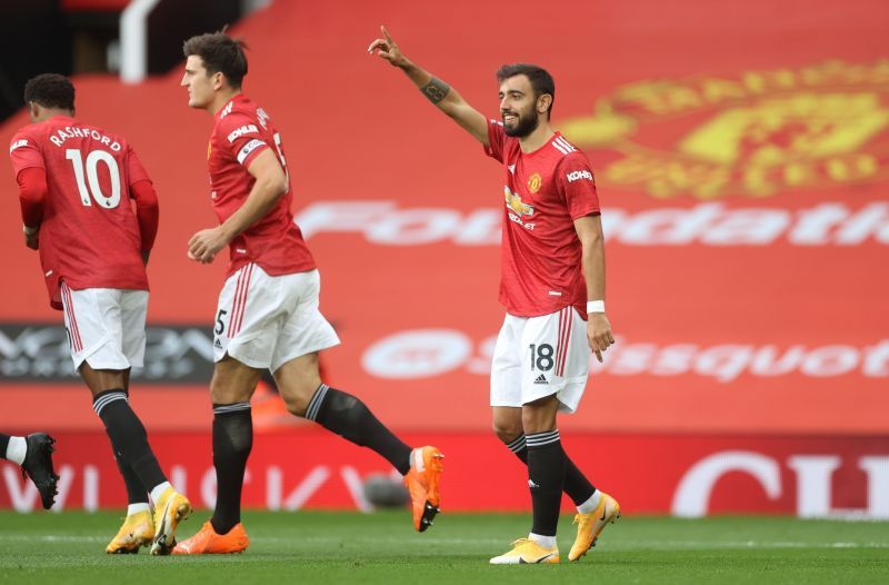 Bruno Fernandes of Manchester United after scoring his side&#039;s first goal against Spurs from the penalty spot.