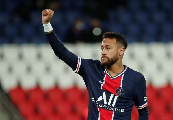 Paris Saint-Germain&#039;s Neymar celebrates after scoring a goal