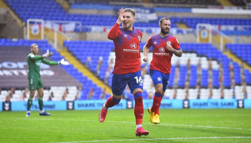 Harvey Elliott celebrating after scoring his first ever professional goal for Blackburn Rovers