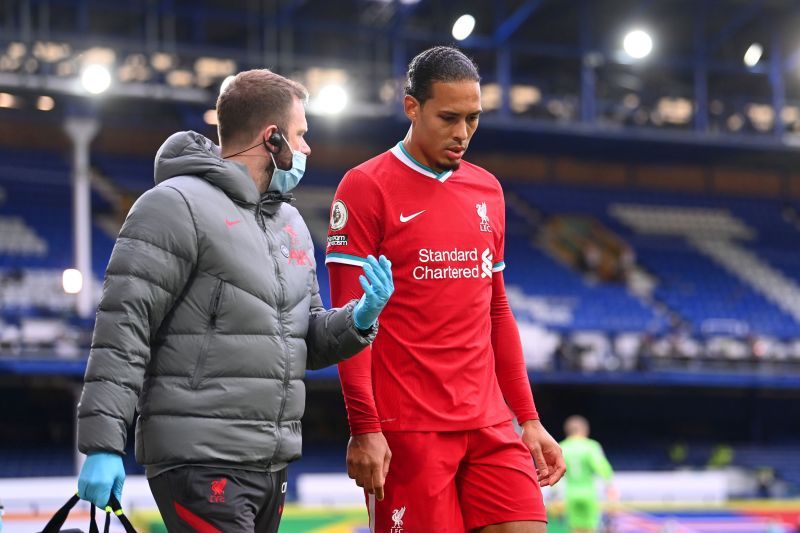 Virgil van Dijk of Liverpool comes off due to an injury during the Premier League match against Everton&nbsp;