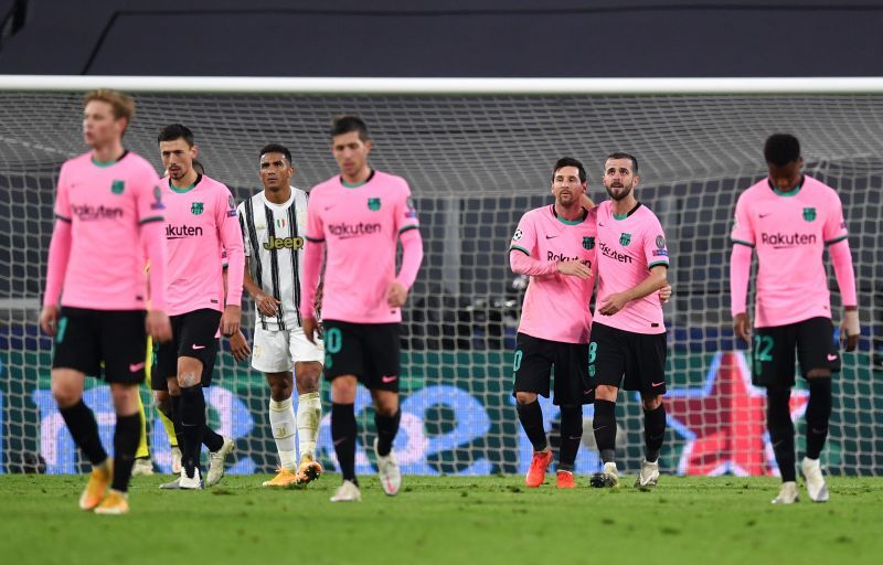 Barcelona players celebrate after Messi&#039;s penalty helped seal all three points against an under-fire Juventus