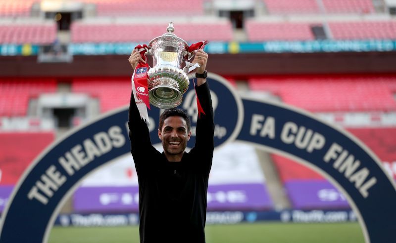 Arsenal coach Mikel Arteta celebrates after winning the FA Cup