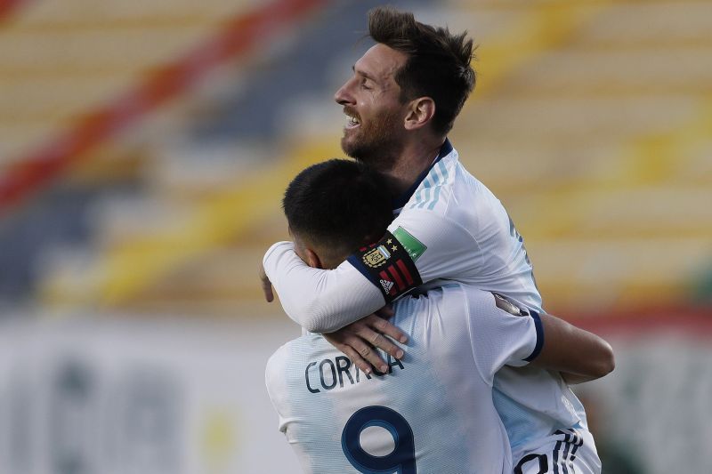 Lionel Messi celebrates after Joaquin Correa scored Argentina&#039;s second of the night