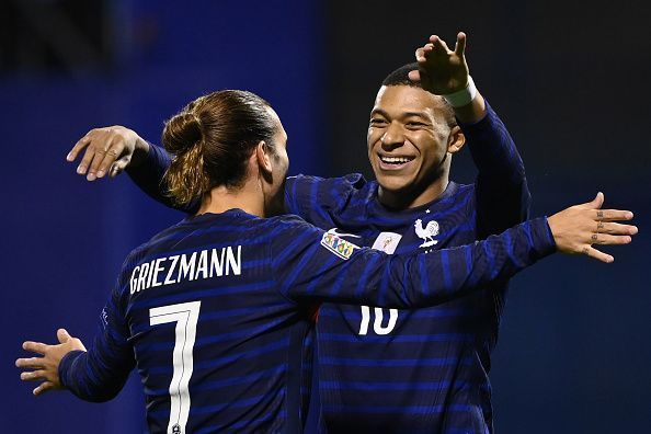 France&#039;s goalscorers Antione Griezmann and Kylian Mbappe