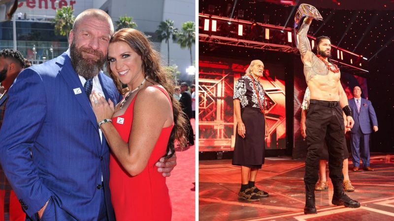 Triple H &amp; Stephanie McMahon (left); Roman Reigns (right)