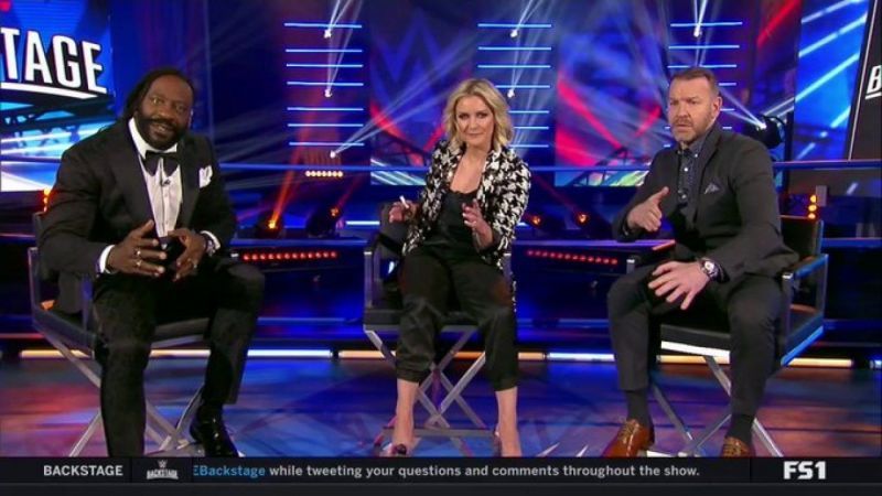 Booker T (L), Renee Young (C), and Christian (R) on WWE Backstage