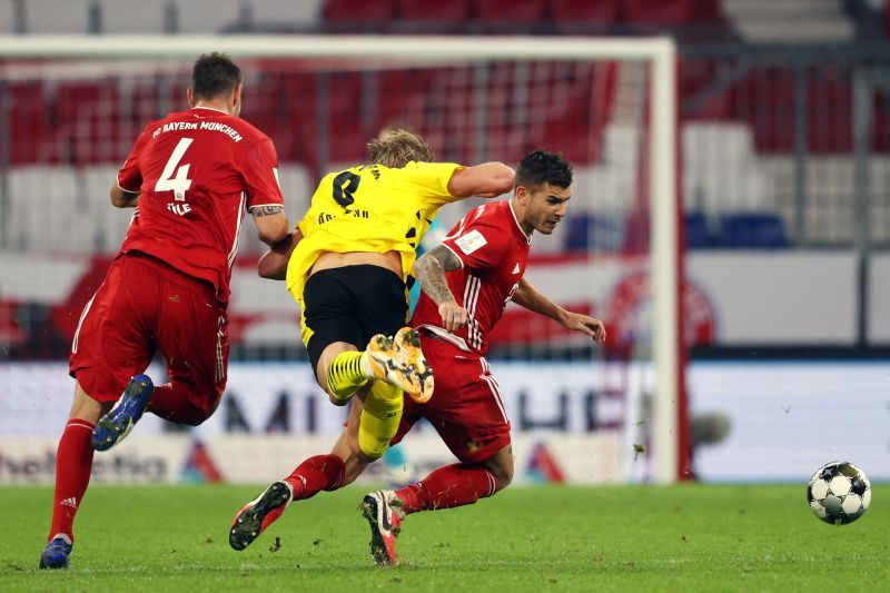 Lucas Hernandez fouls Erling Haaland to stop the striker from breaking on the counter.