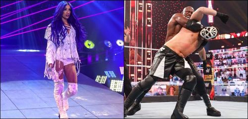 Sasha Banks (left); Bobby Lashley and Slapjack (right)