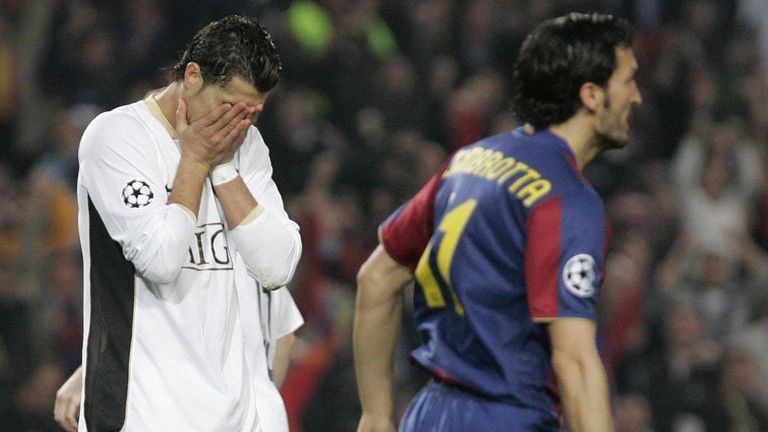 Cristiano Ronaldo buries his head in his hands after missing a penalty at the Camp Nou.