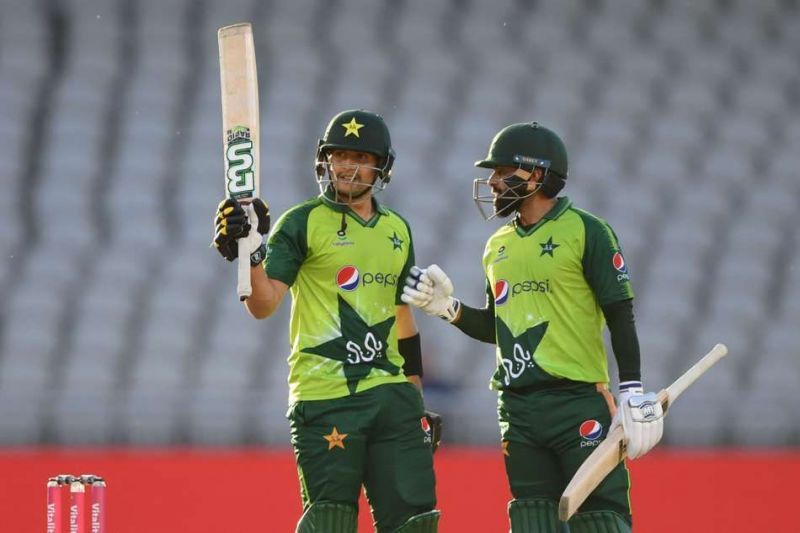 Mohammad Hafeez congratulates Haider Ali on a debut fifty against England.