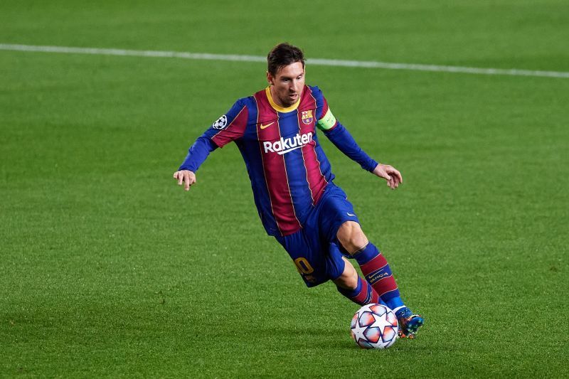 Lionel Messi in action for FC Barcelona in the UEFA Champions League