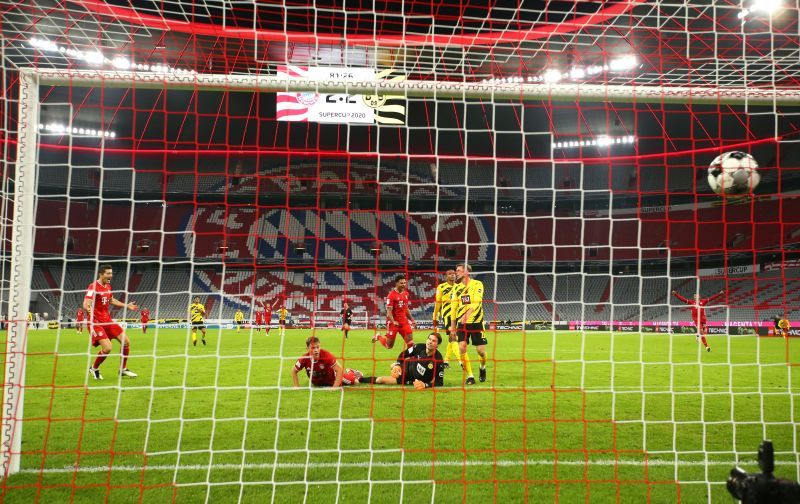 Joshua Kimmich of FC Bayern Munich scores his sides third goal in the 82nd minute.