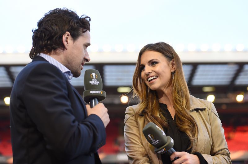 TV presenter Laura Wontorra talks with Owen Hargreaves