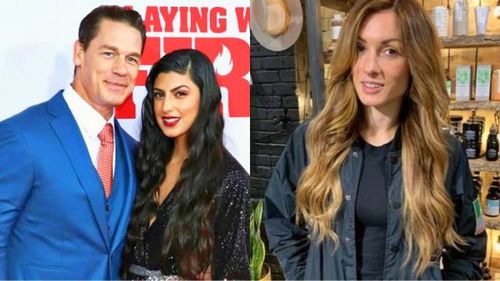 John Cena and his wife, Shay Shariatzadeh (left) and Becky Lynch (right)