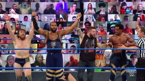 The Street Profits, Kevin Owens and Daniel Bryan celebrating their win on this week's SmackDown