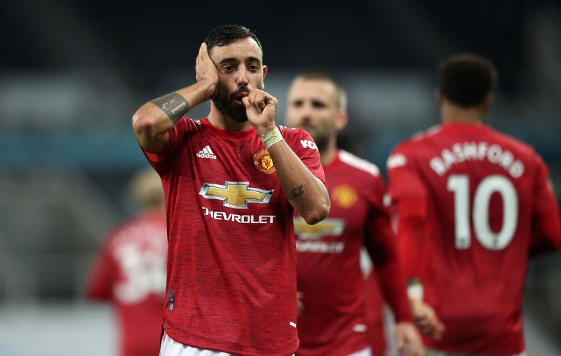 Manchester United&#039;s Bruno Fernandes celebrates a goal