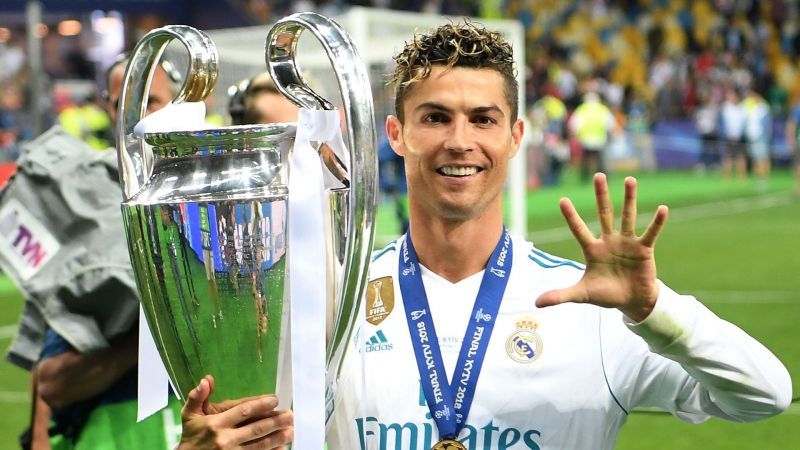 Cristiano Ronaldo gestures after winning his fifth Champions League title.