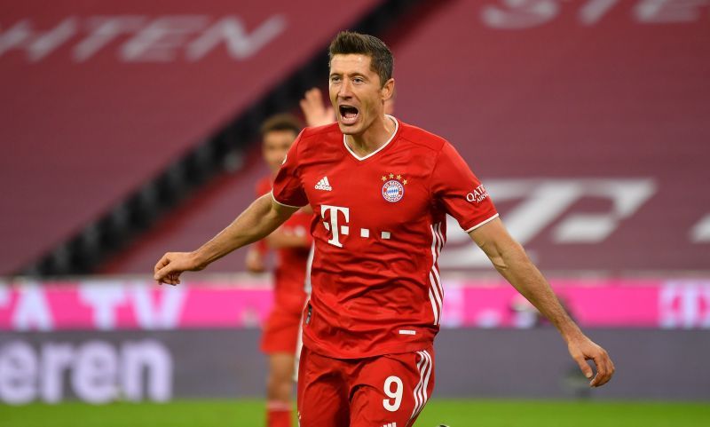 Robert Lewandowski rejoices after scoring against Hertha BSC