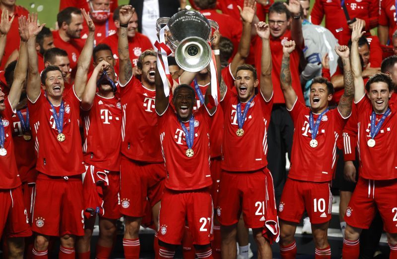 David Alaba lifts the 2019-20 Champions League trophy for Bayern Munich.