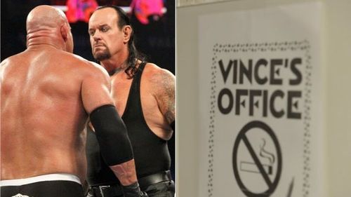 Goldberg and The Undertaker (left); Vince McMahon's office door (right)